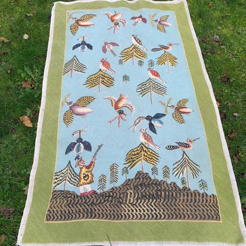 Vintage Needlepoint Colorful Bird and Hunter Tapestry